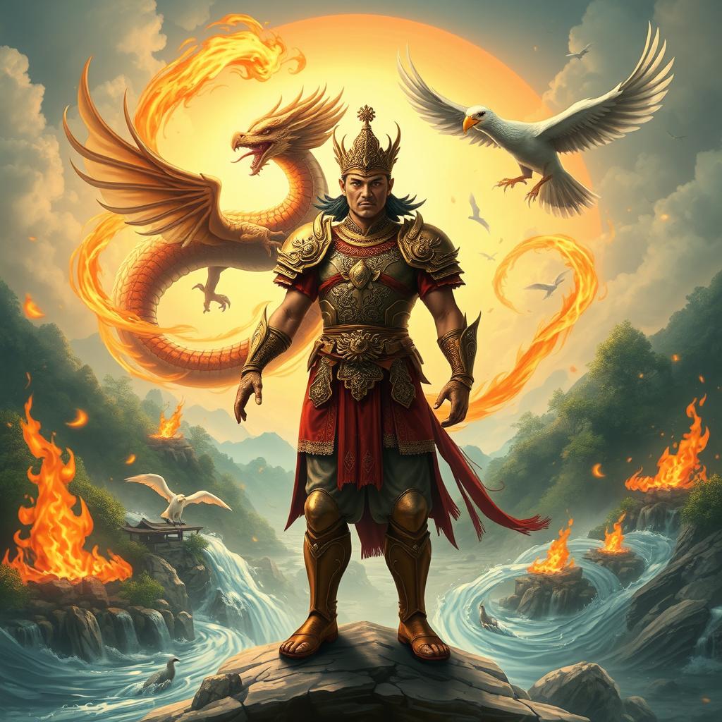 A mighty Malay warrior, known as Pendekar Sakti, standing confidently amidst the elements of nature