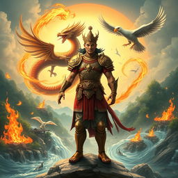 A mighty Malay warrior, known as Pendekar Sakti, standing confidently amidst the elements of nature