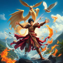 A young Malay warrior, known as Pendekar Sakti, radiating vibrant energy as he masters the powers of wind, earth, water, and fire