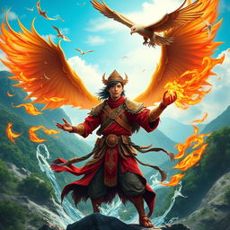 A young Malay warrior, known as Pendekar Sakti, radiating vibrant energy as he masters the powers of wind, earth, water, and fire