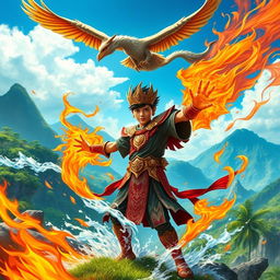A young Malay warrior, known as Pendekar Sakti, radiating vibrant energy as he masters the powers of wind, earth, water, and fire