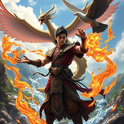 A young Malay warrior, known as Pendekar Sakti, radiating vibrant energy as he masters the powers of wind, earth, water, and fire