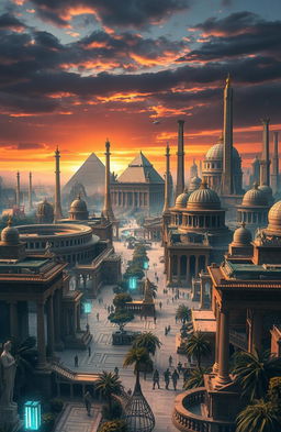 A breathtaking depiction of a futuristic city that harmoniously combines elements of the Roman Empire, Han Dynasty, ancient Egyptian civilization, the ruins of fallen Jerusalem, and ancient Greek architecture