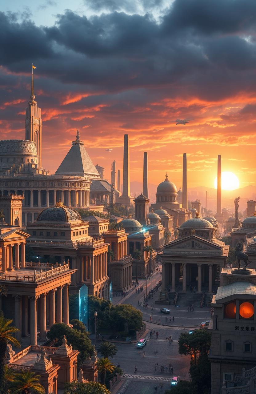 A breathtaking depiction of a futuristic city that harmoniously combines elements of the Roman Empire, Han Dynasty, ancient Egyptian civilization, the ruins of fallen Jerusalem, and ancient Greek architecture