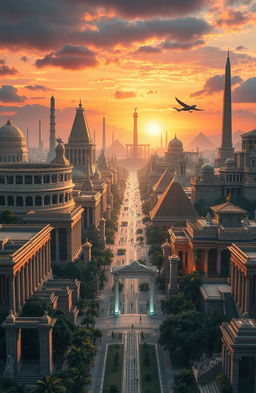 A breathtaking depiction of a futuristic city that harmoniously combines elements of the Roman Empire, Han Dynasty, ancient Egyptian civilization, the ruins of fallen Jerusalem, and ancient Greek architecture