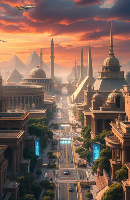 A breathtaking depiction of a futuristic city that harmoniously combines elements of the Roman Empire, Han Dynasty, ancient Egyptian civilization, the ruins of fallen Jerusalem, and ancient Greek architecture
