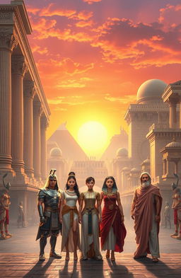 A magnificent and intricate scene depicting a futuristic civilization that blends elements of the Roman Empire, the Han Dynasty, ancient Egyptian culture, fallen Jerusalem, and ancient Greece