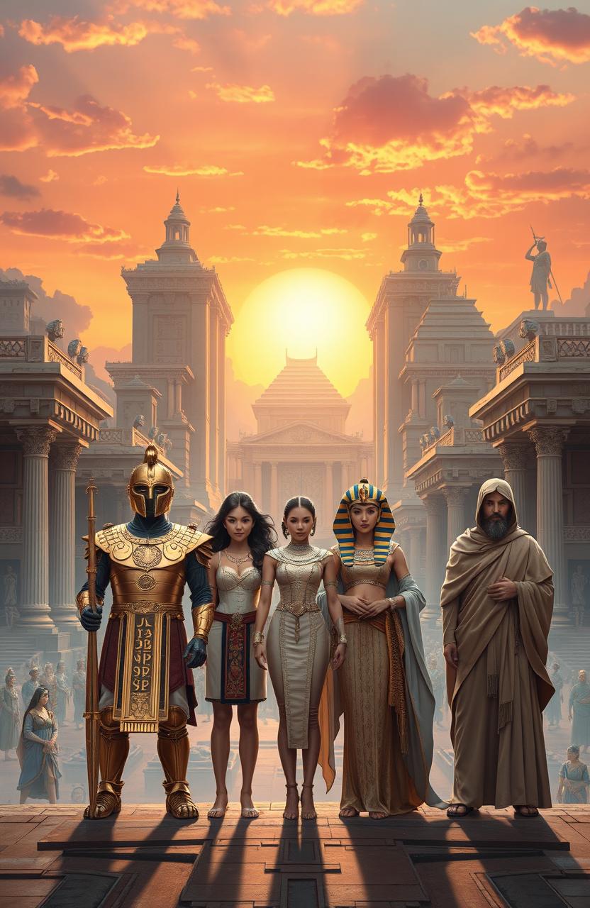 A magnificent and intricate scene depicting a futuristic civilization that blends elements of the Roman Empire, the Han Dynasty, ancient Egyptian culture, fallen Jerusalem, and ancient Greece