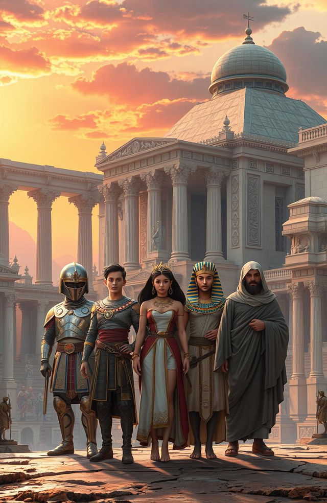 A magnificent and intricate scene depicting a futuristic civilization that blends elements of the Roman Empire, the Han Dynasty, ancient Egyptian culture, fallen Jerusalem, and ancient Greece