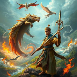 A young Malay warrior, known as Pendekar Sakti, infused with Islamic elements, standing resolutely in a vibrant natural landscape