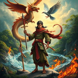 A young Malay warrior, known as Pendekar Sakti, infused with Islamic elements, standing resolutely in a vibrant natural landscape