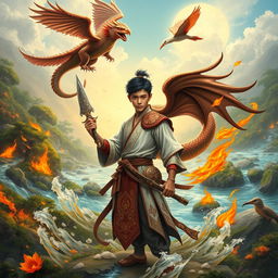 A young Malay warrior, known as Pendekar Sakti, infused with Islamic elements, standing resolutely in a vibrant natural landscape