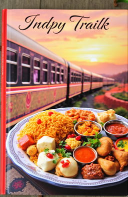 An aesthetic book cover featuring an Indian train gracefully winding through colorful landscapes