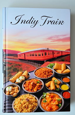 An aesthetic book cover featuring an Indian train gracefully winding through colorful landscapes