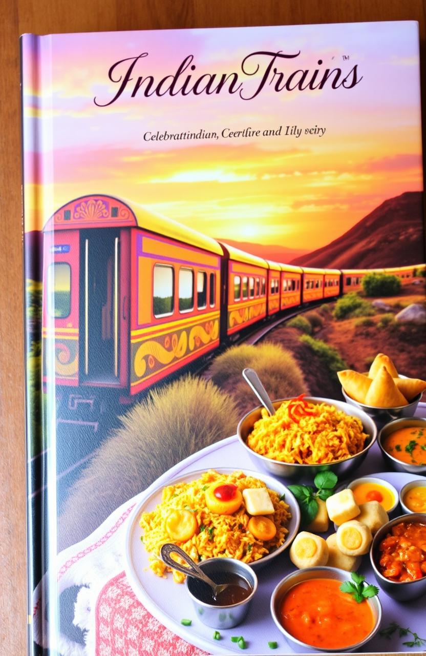 An aesthetic book cover featuring an Indian train gracefully winding through colorful landscapes