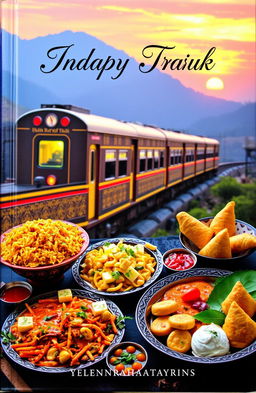 An aesthetic book cover featuring an Indian train gracefully winding through colorful landscapes