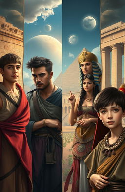 A captivating and imaginative depiction of a futuristic world blending elements from the Roman Empire, ancient Egypt, the Han Dynasty, fallen Jerusalem, and ancient Greece