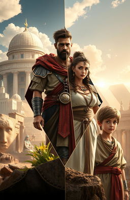 A captivating and imaginative depiction of a futuristic world blending elements from the Roman Empire, ancient Egypt, the Han Dynasty, fallen Jerusalem, and ancient Greece