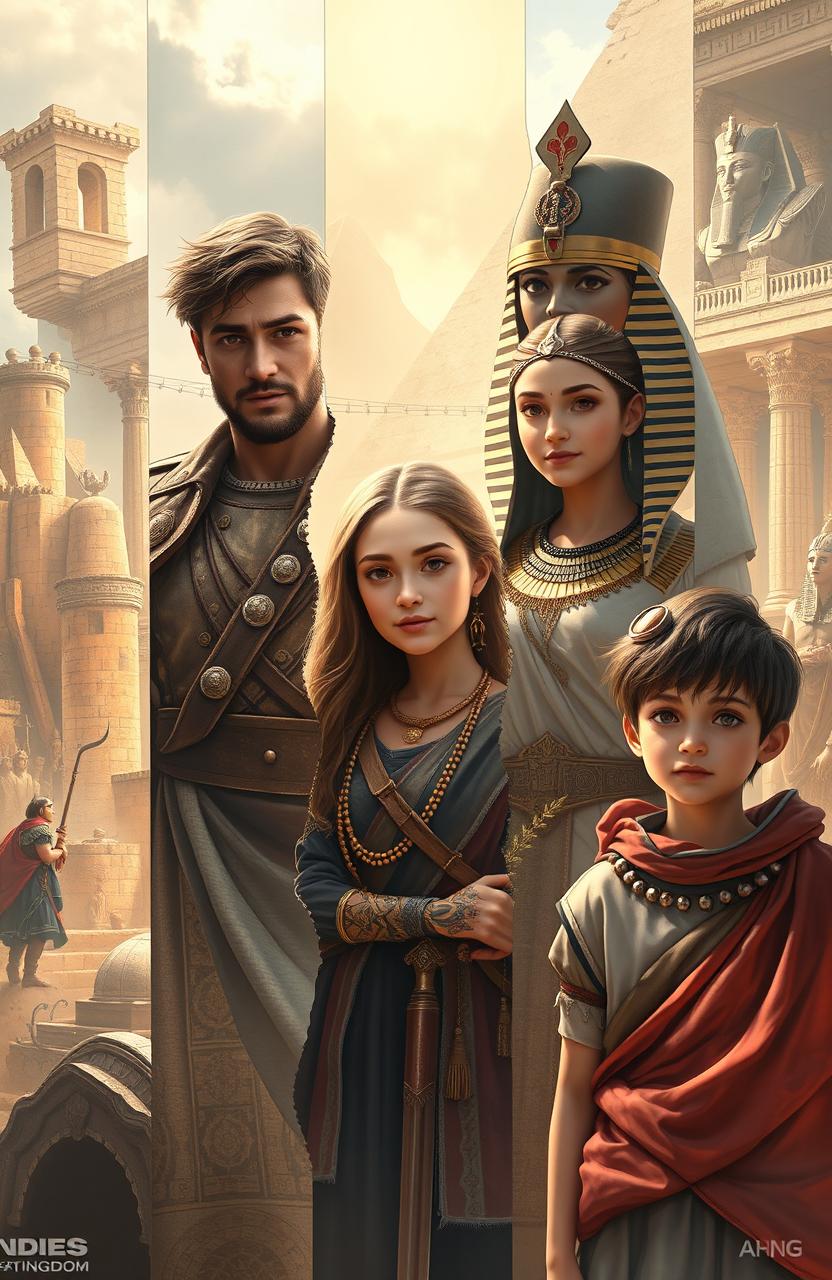 A captivating and imaginative depiction of a futuristic world blending elements from the Roman Empire, ancient Egypt, the Han Dynasty, fallen Jerusalem, and ancient Greece