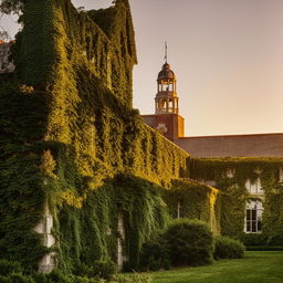 A nostalgic scene of an old school with ivy-covered walls, bell tower, and classic architecture, lit by the golden hues of a setting sun.