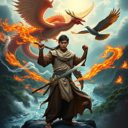 A young Malay warrior, Pendekar Sakti, embodying Islamic heritage, stands confidently in a breathtaking natural setting, harnessing the elemental powers of wind, earth, water, and fire