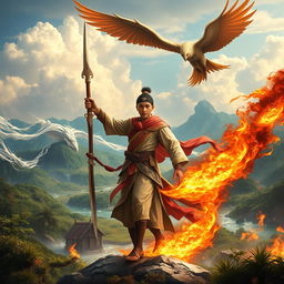 A young Malay warrior, Pendekar Sakti, embodying Islamic heritage, stands confidently in a breathtaking natural setting, harnessing the elemental powers of wind, earth, water, and fire