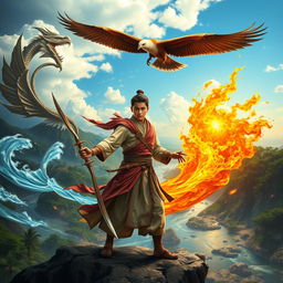 A young Malay warrior, Pendekar Sakti, embodying Islamic heritage, stands confidently in a breathtaking natural setting, harnessing the elemental powers of wind, earth, water, and fire