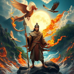 A young Malay warrior, Pendekar Sakti, embodying Islamic heritage, stands confidently in a breathtaking natural setting, harnessing the elemental powers of wind, earth, water, and fire