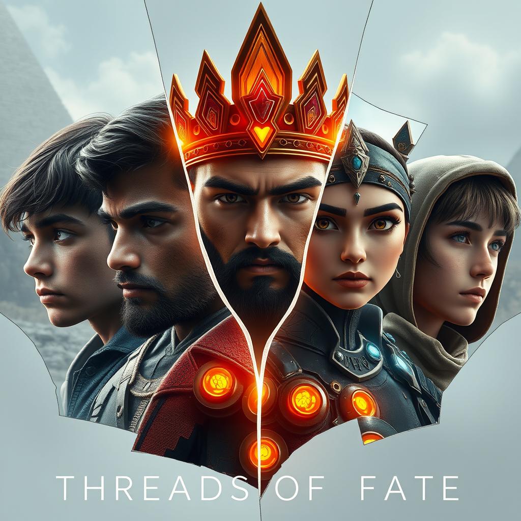 A striking and innovative visualization titled 'THREADS OF FATE', showcasing a futuristic world that merges elements of the Roman Empire, ancient Egypt, the Han Dynasty, fallen Jerusalem, and ancient Greece