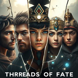 A striking and innovative visualization titled 'THREADS OF FATE', showcasing a futuristic world that merges elements of the Roman Empire, ancient Egypt, the Han Dynasty, fallen Jerusalem, and ancient Greece