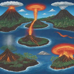 An illustration of various natural phenomena happening throughout the world, including hurricanes forming in the ocean, forests growing in the spring, and a volcano erupting with lava.