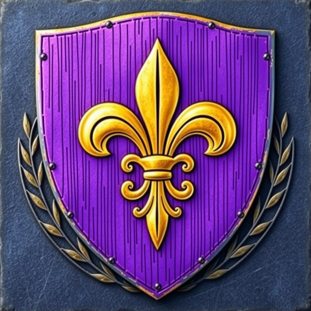 An emblem of a medieval European civilization featuring a large, ornate fleur-de-lis at the center of a shield