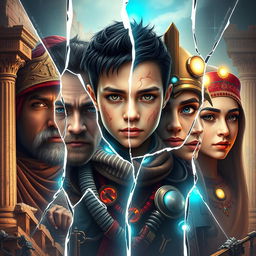 A captivating and futuristic artwork titled 'THREADS OF FATE', illustrating a mesmerizing fusion of the Roman Empire, ancient Egypt, the Han Dynasty, fallen Jerusalem, and ancient Greece