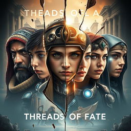 A captivating and futuristic artwork titled 'THREADS OF FATE', illustrating a mesmerizing fusion of the Roman Empire, ancient Egypt, the Han Dynasty, fallen Jerusalem, and ancient Greece