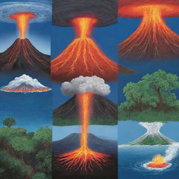 An illustration of various natural phenomena happening throughout the world, including hurricanes forming in the ocean, forests growing in the spring, and a volcano erupting with lava.