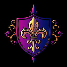 An emblem of a medieval European civilization featuring a large, intricately designed fleur-de-lis at the center of a majestic shield