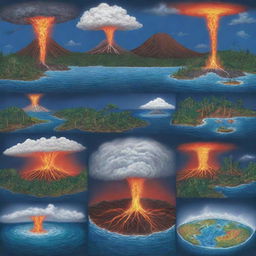 An illustration of various natural phenomena happening throughout the world, including hurricanes forming in the ocean, forests growing in the spring, and a volcano erupting with lava.