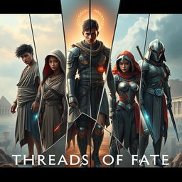 An imaginative portrayal titled 'THREADS OF FATE', illustrating a fascinating, futuristic blend of the Roman Empire, ancient Egypt, the Han Dynasty, fallen Jerusalem, and ancient Greece