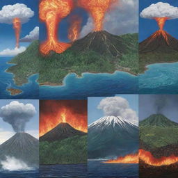 An illustration of various natural phenomena happening throughout the world, including hurricanes forming in the ocean, forests growing in the spring, and a volcano erupting with lava.