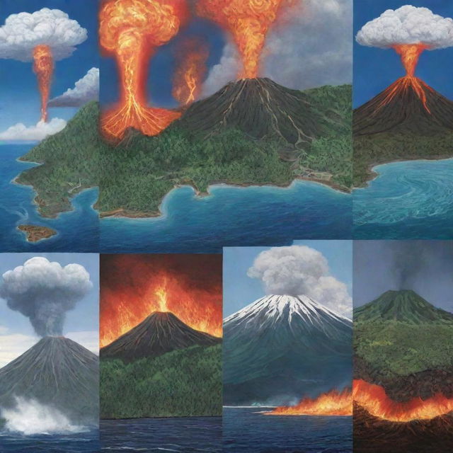 An illustration of various natural phenomena happening throughout the world, including hurricanes forming in the ocean, forests growing in the spring, and a volcano erupting with lava.