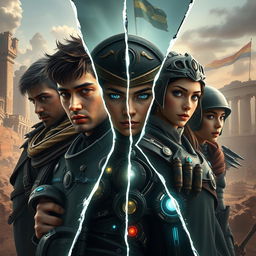 A captivating and futuristic artwork titled 'THREADS OF FATE', illustrating a seamless blend of the Roman Empire, ancient Egypt, the Han Dynasty, fallen Jerusalem, and ancient Greece
