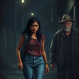 A tense scene depicting an Indian female character looking apprehensive as she walks down a dimly lit street, with an older white man watching her from a distance