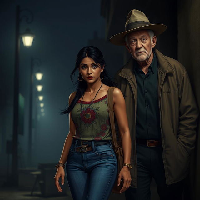 A tense scene depicting an Indian female character looking apprehensive as she walks down a dimly lit street, with an older white man watching her from a distance