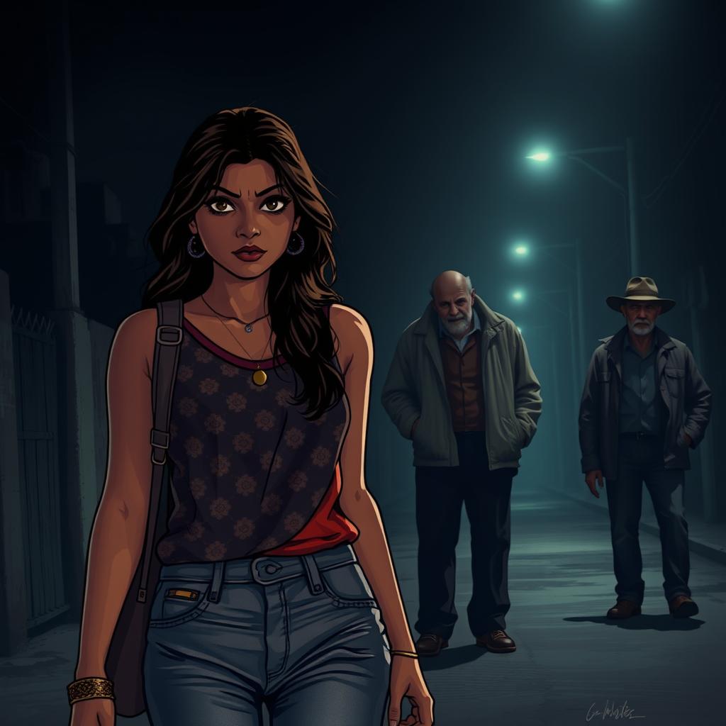 A tense scene depicting an Indian female character looking apprehensive as she walks down a dimly lit street, with an older white man watching her from a distance