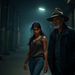 A tense scene depicting an Indian female character looking apprehensive as she walks down a dimly lit street, with an older white man watching her from a distance