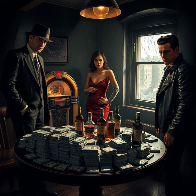 A mysterious underground mafia scene, featuring a dimly lit room with a round table covered in stacks of cash and whiskey bottles