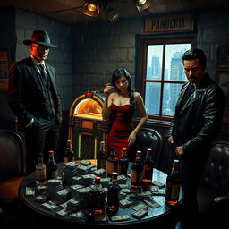 A mysterious underground mafia scene, featuring a dimly lit room with a round table covered in stacks of cash and whiskey bottles