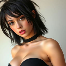 A sexy young woman with huge breasts, 22 years old, wearing a stylish choker