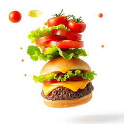 A visually captivating burger with flying ingredients against a clean white background