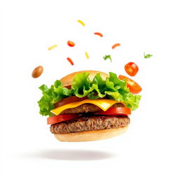 A visually captivating burger with flying ingredients against a clean white background